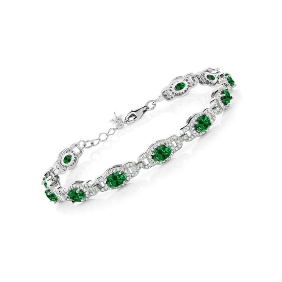 Gem Stone King 925 Sterling Silver Oval Green Simulated Emerald Tennis Bracelet for Women (7.45 Cttw, 7 inch, With 1 inch Extender)