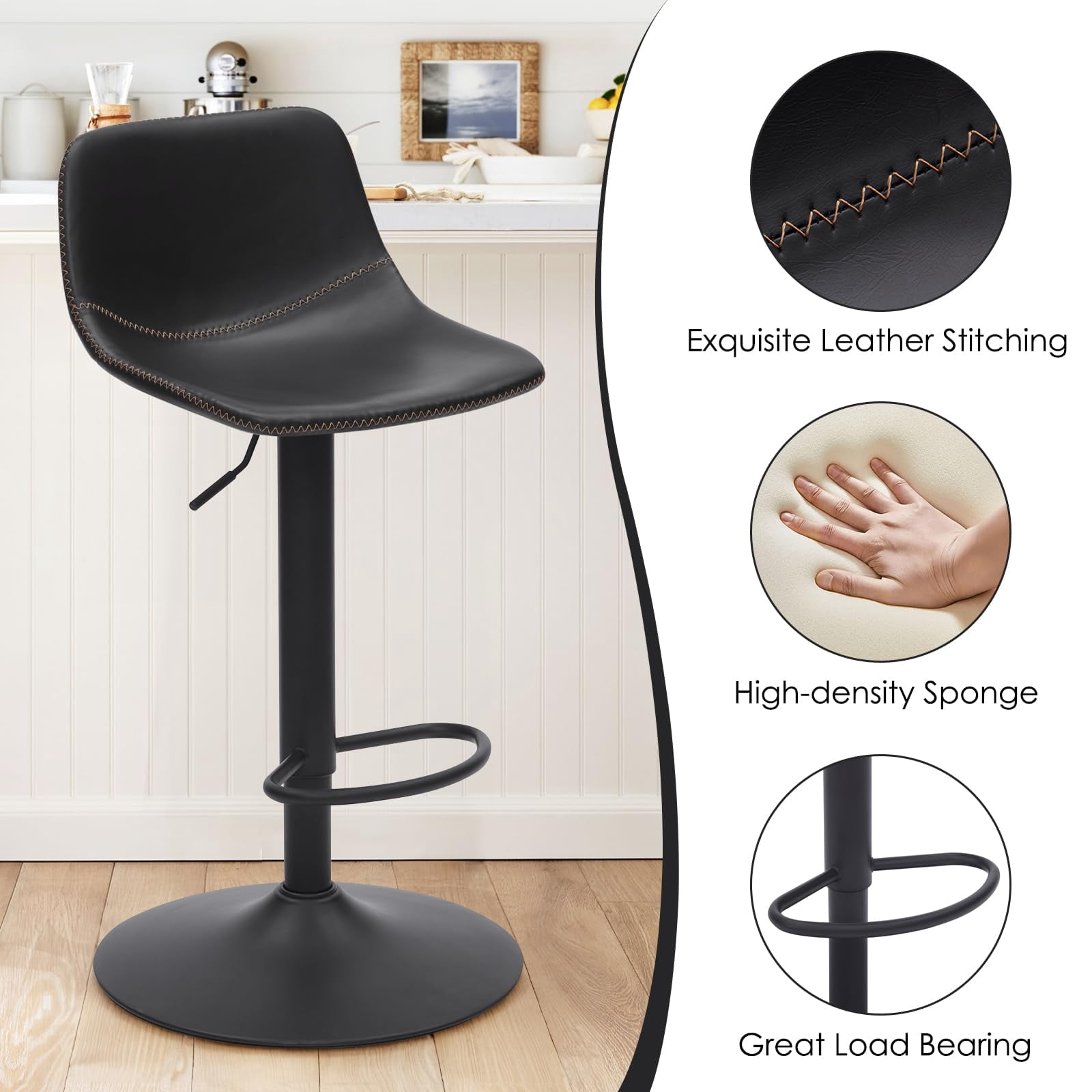 STARY Adjustable Bar Stools Set of 2, Modern Swivel Bar Stools, Bar Height Stools with Back Support, Pu Leather Bar Stool for Kitchen Island Counter
