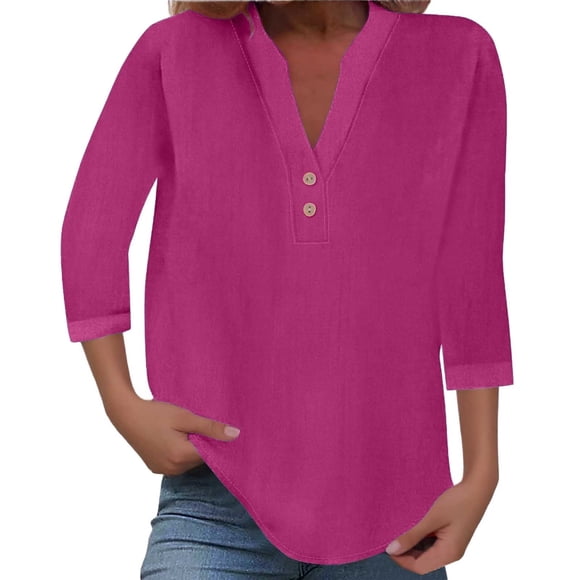 WEIYLL Womens Tops V Neck 3/4 Sleeve Button Solid Hot Pink Top Sizes S