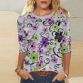 thumbnail image 4 of Camiseta de Manga Larga de Mujer con Cuello Redondo Impreso Floral 3/4 Manga Blusa Casual Estirable Suave, Camisetas de Manga 3/4 para Mujeres, 4 of 5