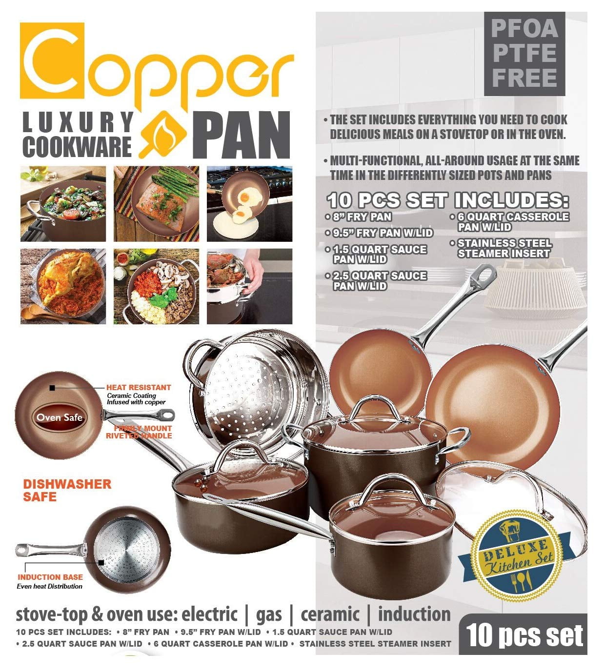Copper Pan 10 Piece Luxury Induction Cookware Set Non Stick 21 5 x 11 5 x  11 inches 