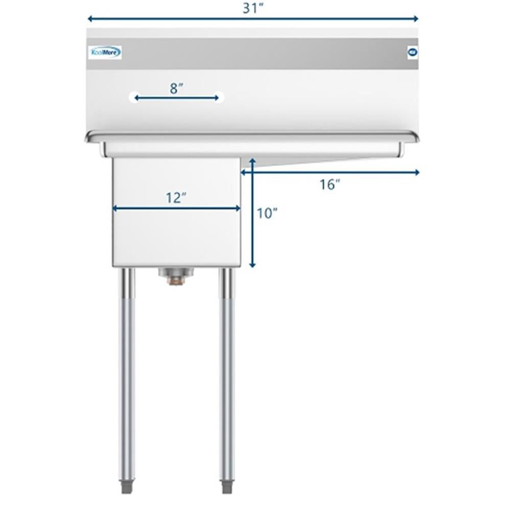 Koolmore SA121610-16R3 1 Compartment Stainless Steel Commercial Kitchen Prep & Utility Sink With Drainboard - Bowl Size 12" X 16" X 10"