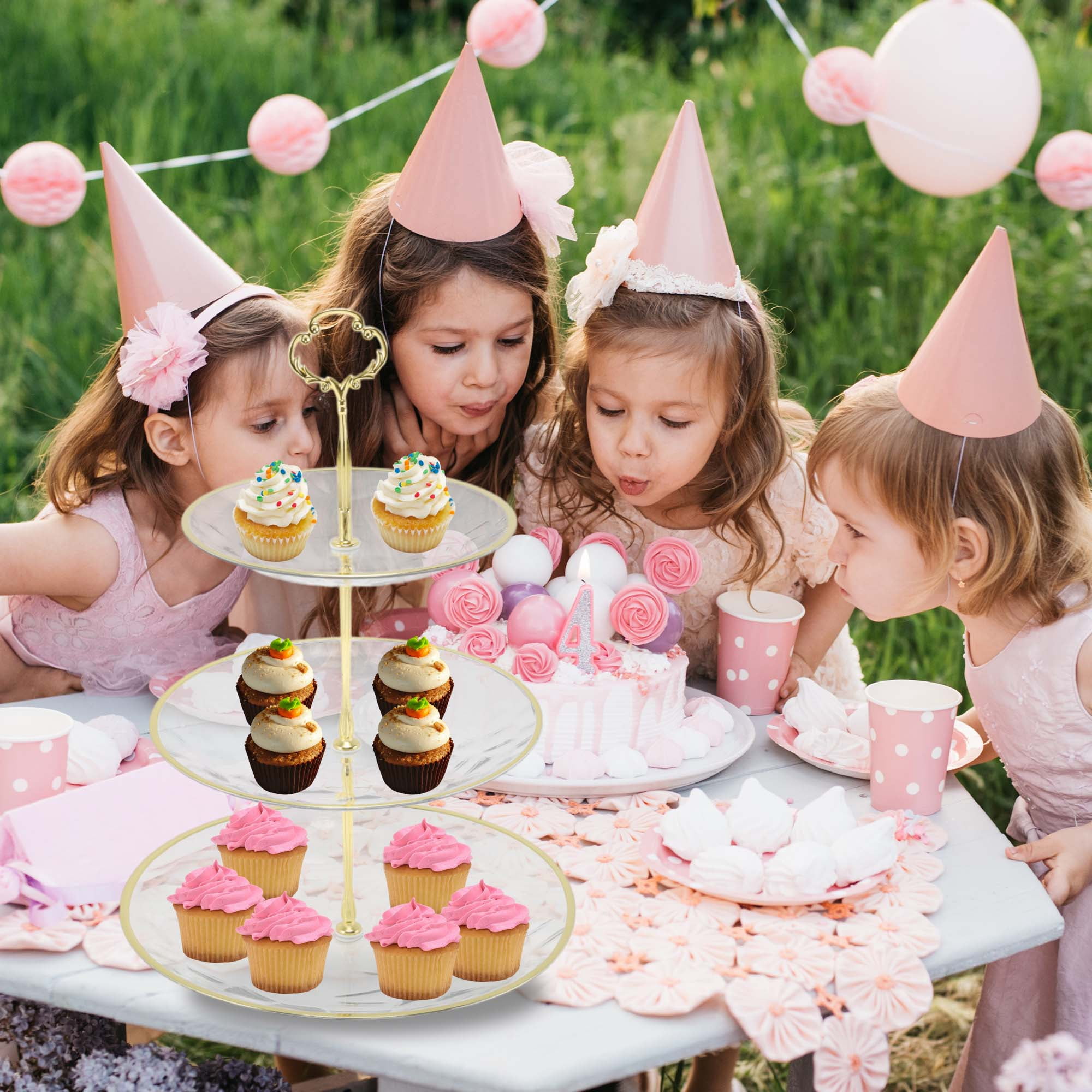 Unique Bargains 3 Tier Dessert Cupcake Stand Holder for Donut Clear Gold Tone