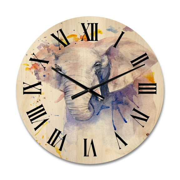 Designart 'Portrait of An Elephant Yellow and Blue Strokes' Farmhouse Wood Wall Clock