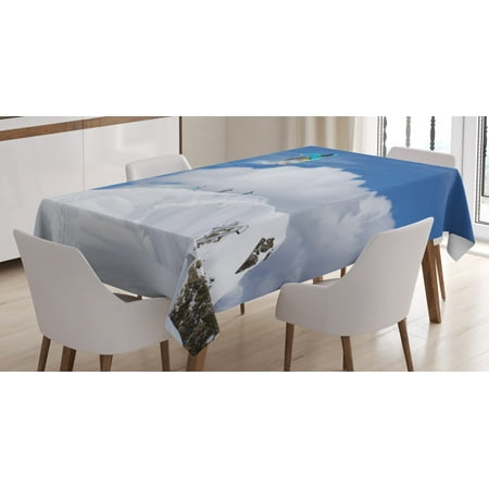 

Winter Tablecloth Flying Snowboarder on the Mountaintop with Cloudy Sky Extreme Sports Theme Photo Rectangular Table Cover for Dining Room Kitchen 52 X 70 Inches Blue White by Ambesonne