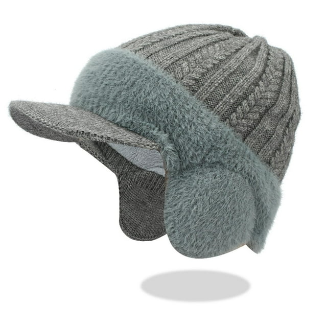Gray Women'S Winter Knitted Yarn Cap With Thick Velvet Lining Big Head Coverage Adjustable Closure For Cold Weather Outdoor Activities Warm Hat