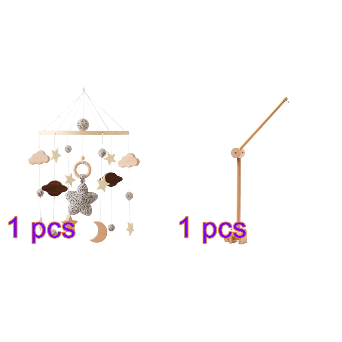 Full Sky Star Crib Bell with Felt Balls – Handmade Wooden Baby Mobile for Neutral Nursery, Boys & Girls