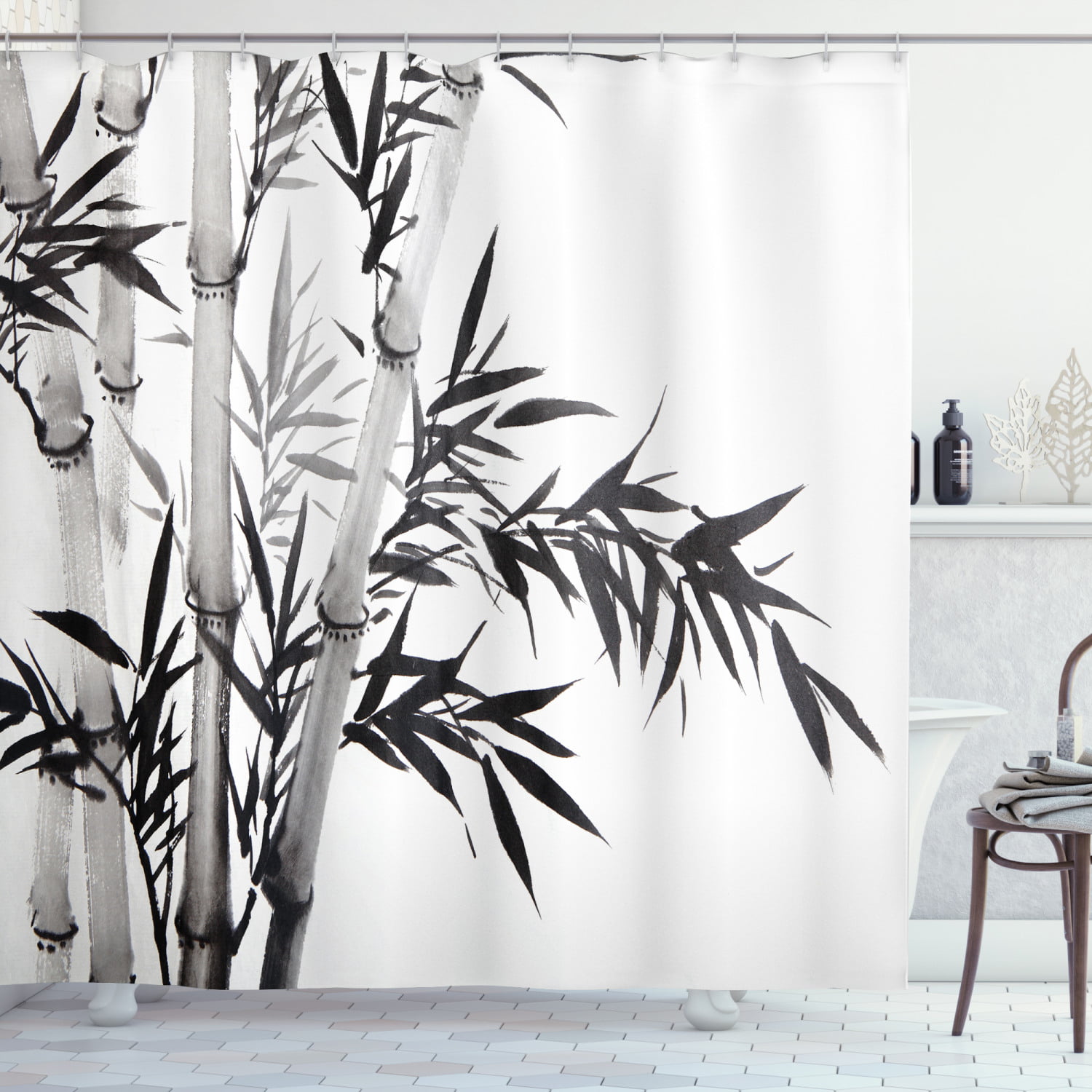 Black &White Tree Print Bathroom Shower Curtain Art Waterproof Hooks Include 