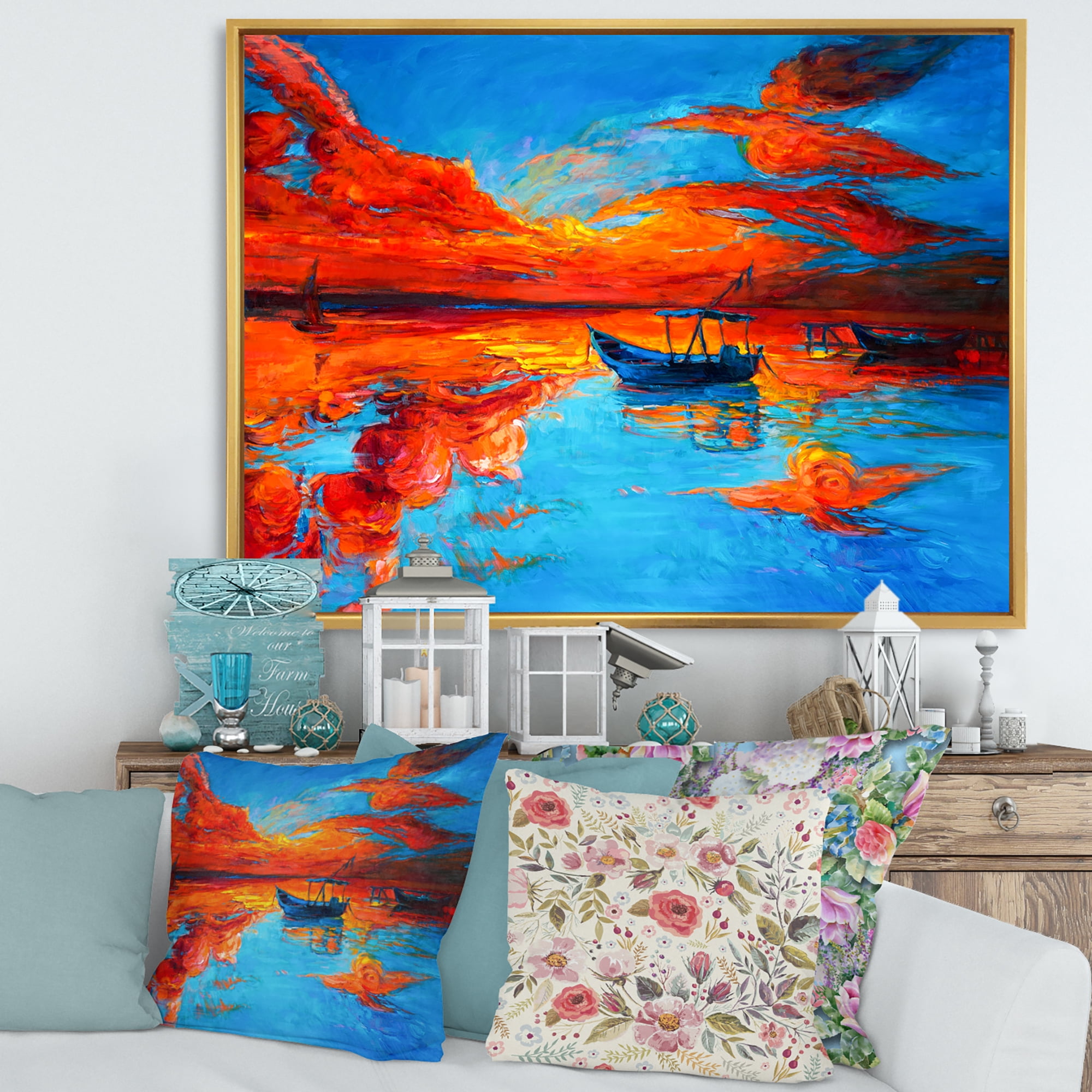 Boats During Warm Sunset Resting On The Water VI 20 in x 12 in Framed Painting Canvas Art Print, by Designart