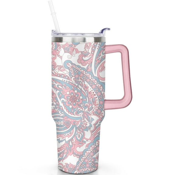 40oz Paisley Stainless Steel Travel Mug with Handle, Leak Proof Flip Straw Lid Vacuum Insulated Tumbler Gift for Him Her