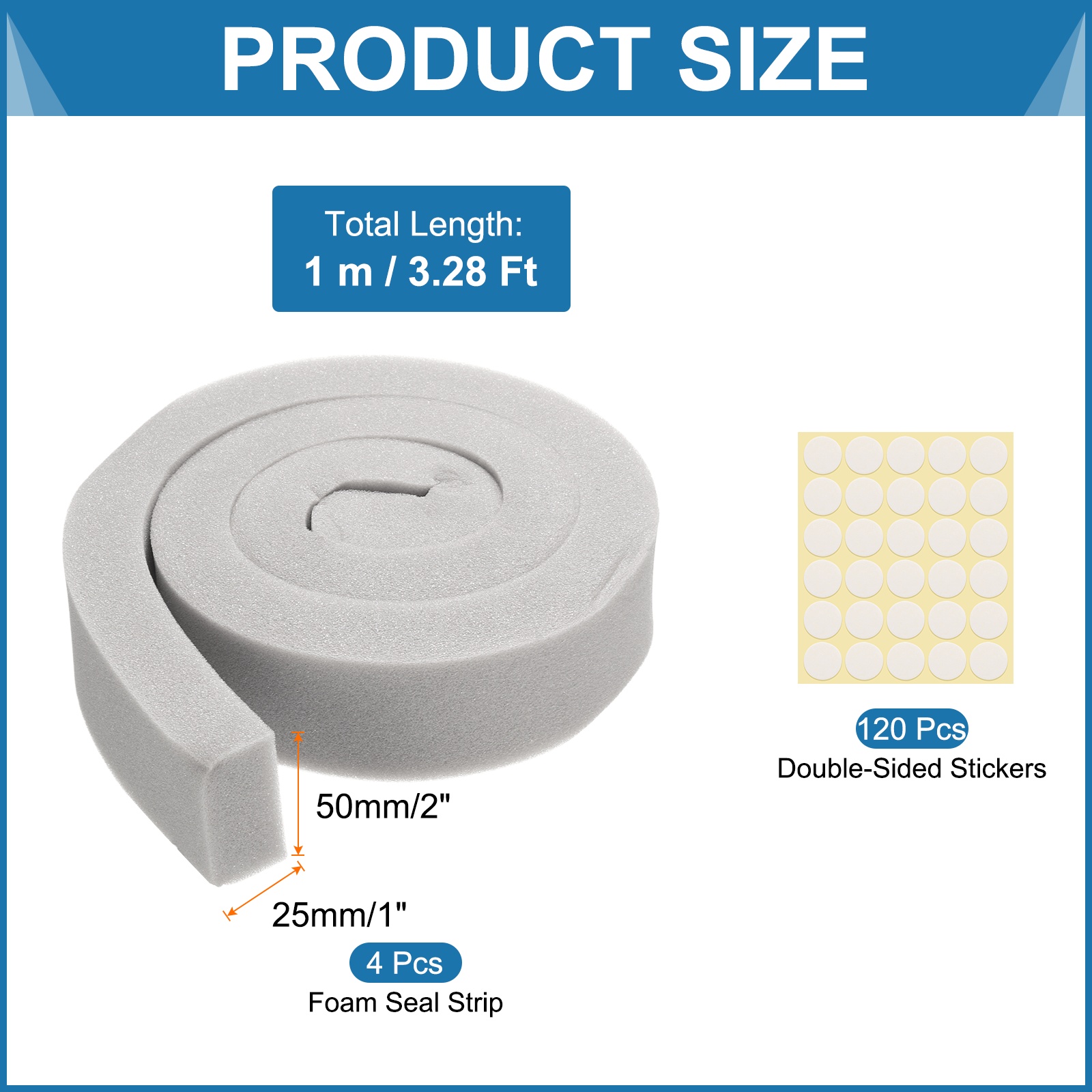 4 Set 3.28ft Foam Seal Strip, 1 Inch Width x 2 Inch Thick Weather Stripping Foam Insulation Tape, EVE Air Conditioner Open Cell Foam Seal Tape for Doors, Windows, Grey