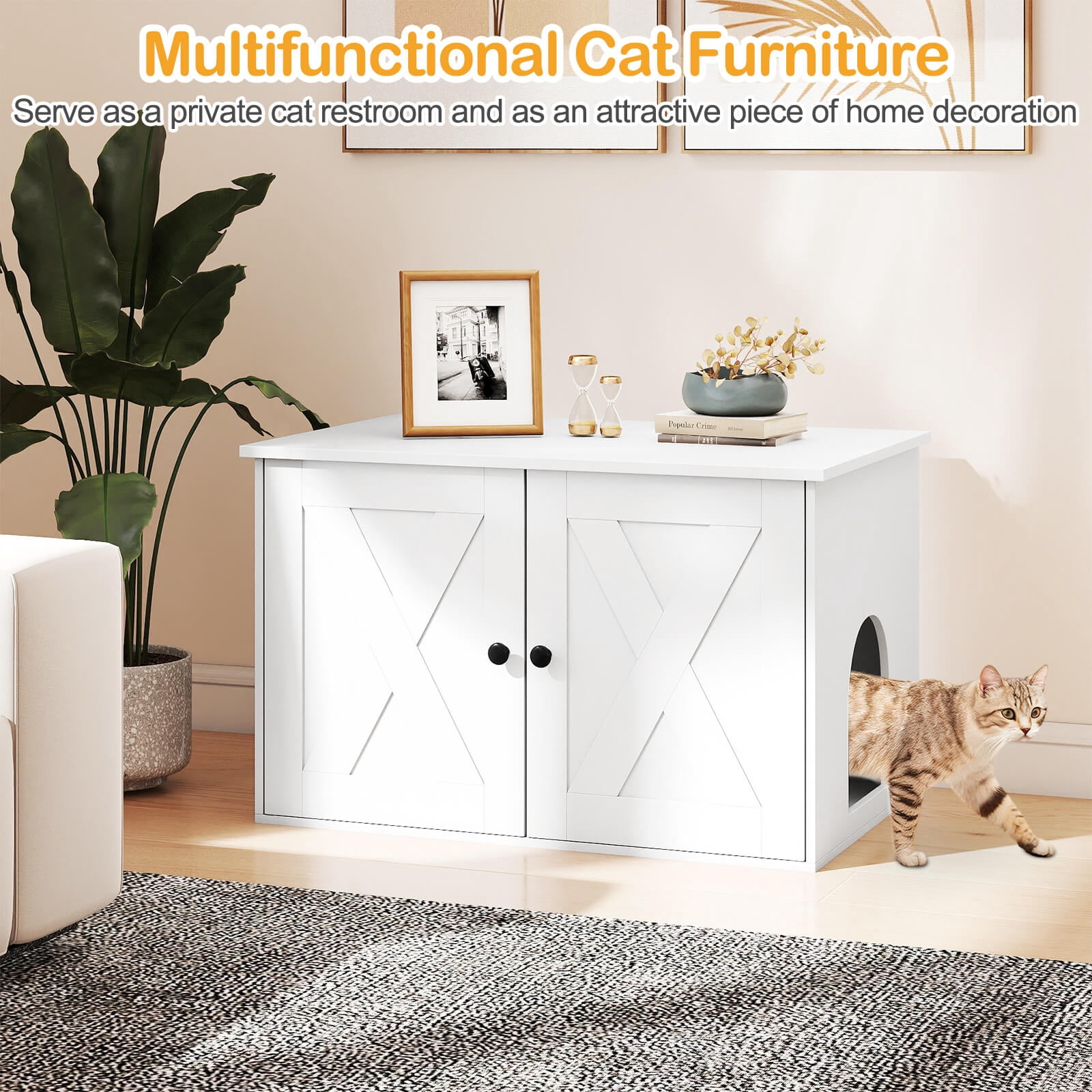 Costway Hidden Cat Litter Box Enclosure Furniture with Divider for Living Room Bedroom White