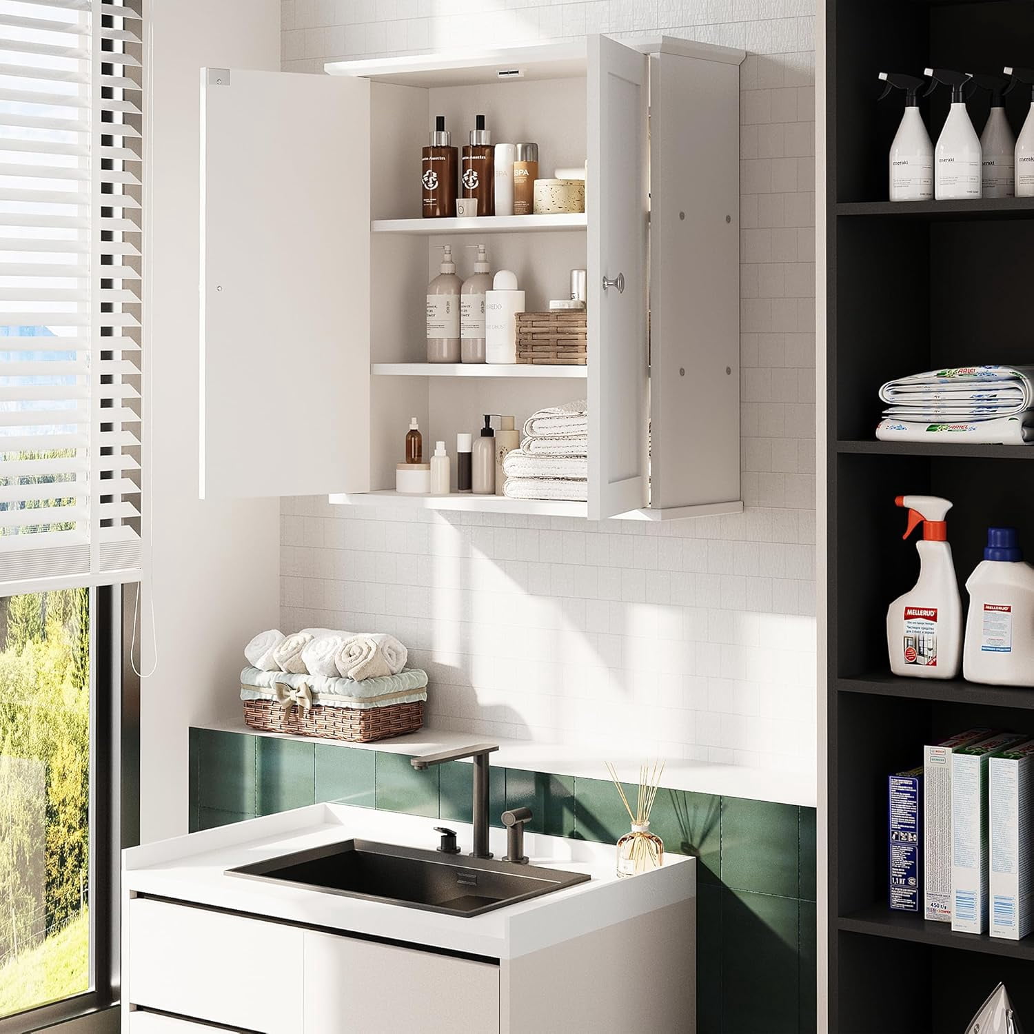 MISSUNNY Bathroom Medicine Cabinet Wall Mount with 2 Doors and 2 Shelves, Small Bathroom Cabinet Wooden Storage Cabinet Over Toilet Restroom Laundry Room Kitchen, White