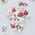 thumbnail image 3 of KIMI BEAR Newborn Baby Girl Romper 6-9 Months Fall Winter Flying Long Sleeves Bodysuits Floral Romper Headband 2pcs Red, 3 of 9