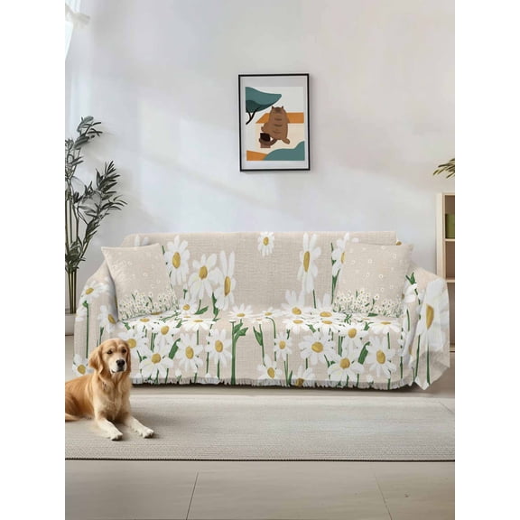 Spring Floral Couch Cover for 2 Cushion Sofa, White Daisy Farmhouse Linen Texture Washable Loveseat Sofa Covers Slipcover for Sectional Sofas L-Shaped, Couch Throw Cover 71"x118"