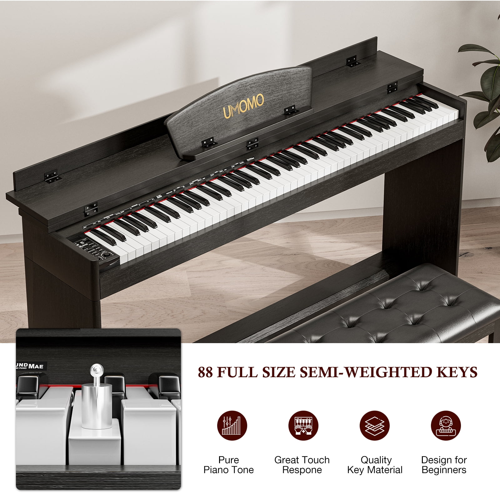 UMOMO 88 Key Digital Piano Keyboard with Piano Bench, Full Size Electric Piano with Piano Stand, Headphone Jack, 3 Pedal, Electronic Piano for Beginner, Adults, Black