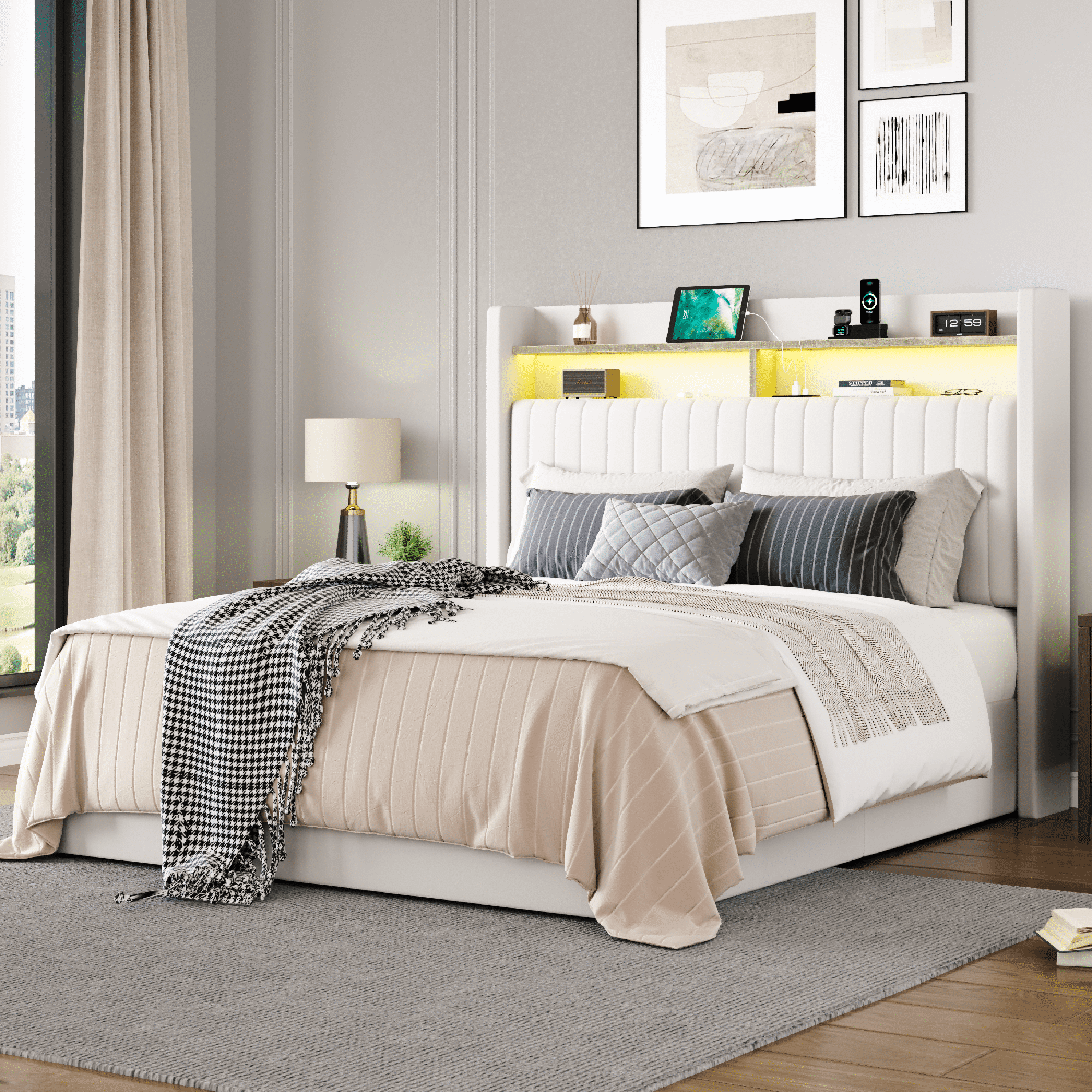 Amolife Full Hydraulic Lift-Up Storage Bed Frame, LED Headboard with Fast Charging (USB/Type-C), 2-Tier Shelves & Velvet Upholstered, White