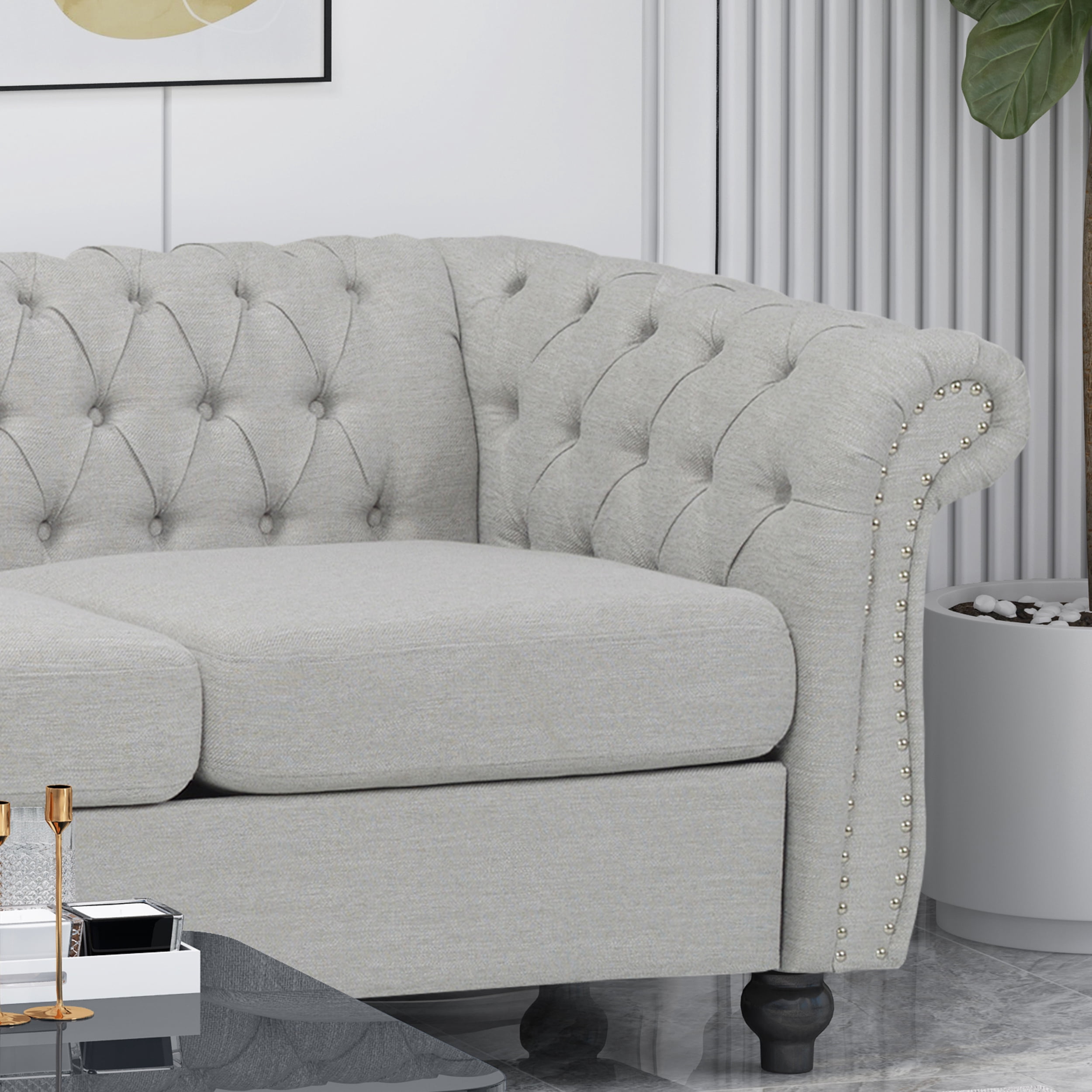 Noble House Augus Fabric Upholstered Sofa, Cloud Gray, Dark Brown