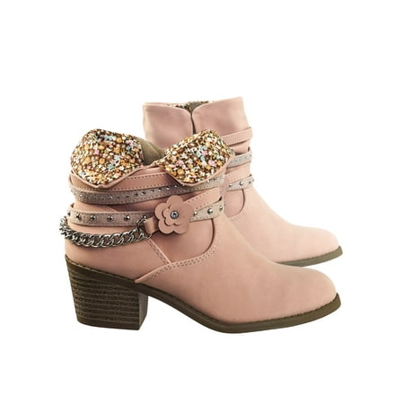 - Robot2 by Speed Limit 98, Children Girl Block Heel Ankle Boots w Chain Belt & Rhinestone