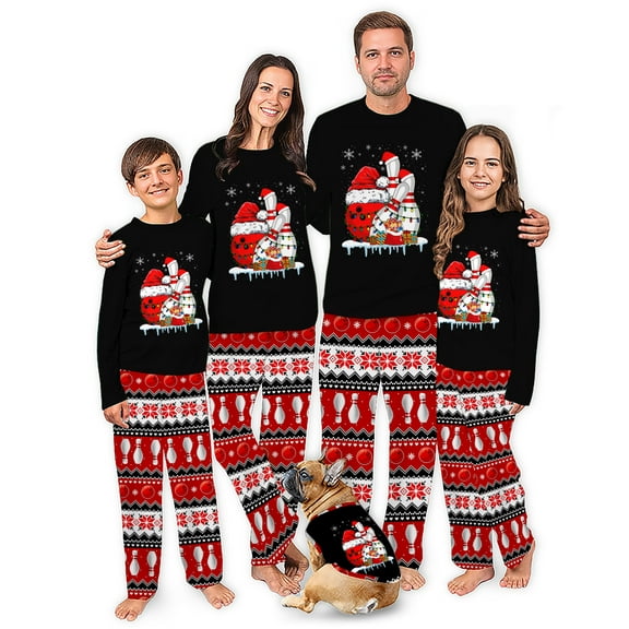 Family Matching Christmas Bowling Pajama Set, Santa Hat Bowling Ball Design with Festive Red