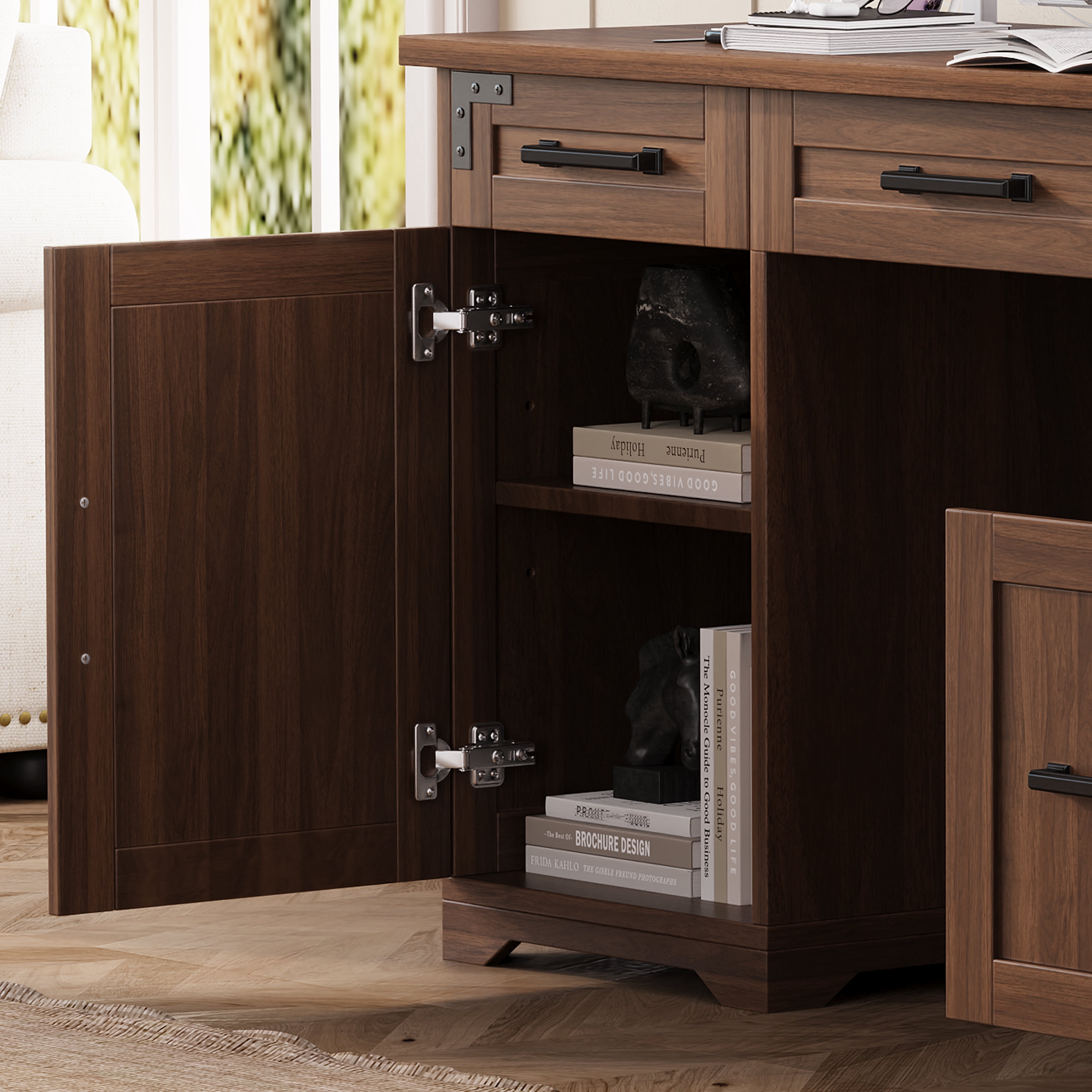 Mintazer 55" Farmhouse Executive Desk with Charging Station & Storage Cabinets, Computer Desk with 5 Drawer for Home Office, Walnut