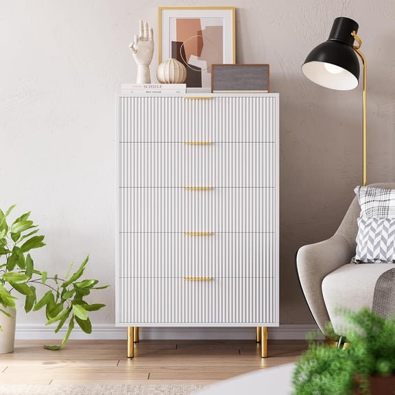GAOMON Modern 5-Drawer Dresser with Gold Handles, Wood Double Chest Storage Organizer, 48" Tall Dresser for Bedroom, Living Room, Entryway, White