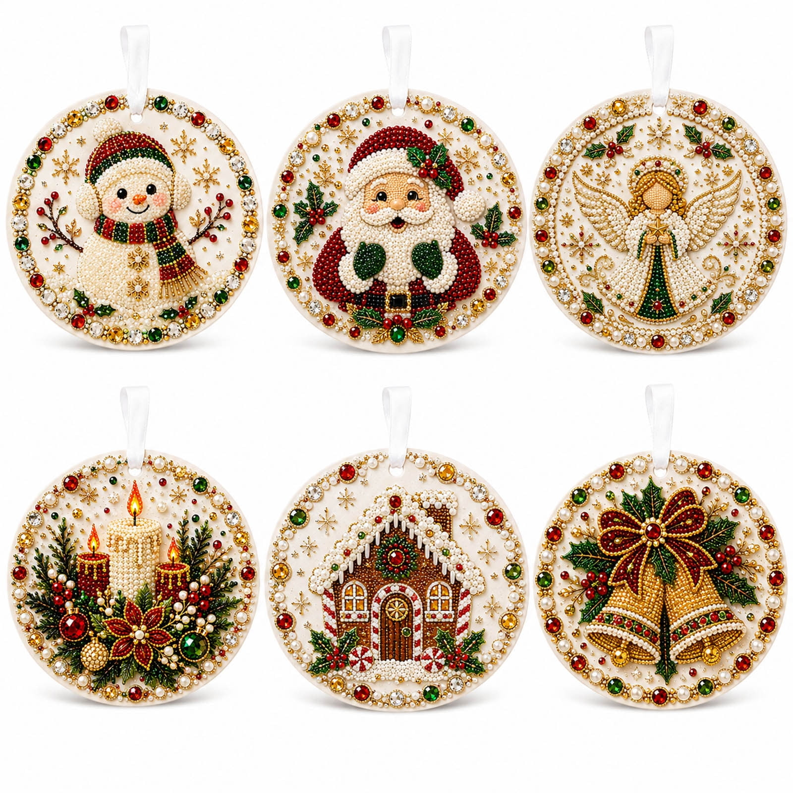 DIY Pearl Art Christmas Ornament Kit for Adults Hanging Diamond Art Ornament Set with Pearls Colorful Beads and Lanyard for Xmas Tree Decor (#12 6PCS)