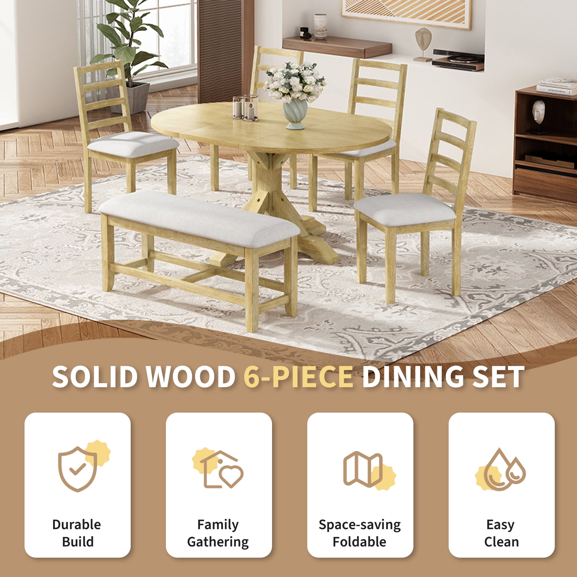 6-Piece Dining Table Set for 6, 60" Extendable Dining Table with 18" Removable Leaf, Bench and 4 Chairs