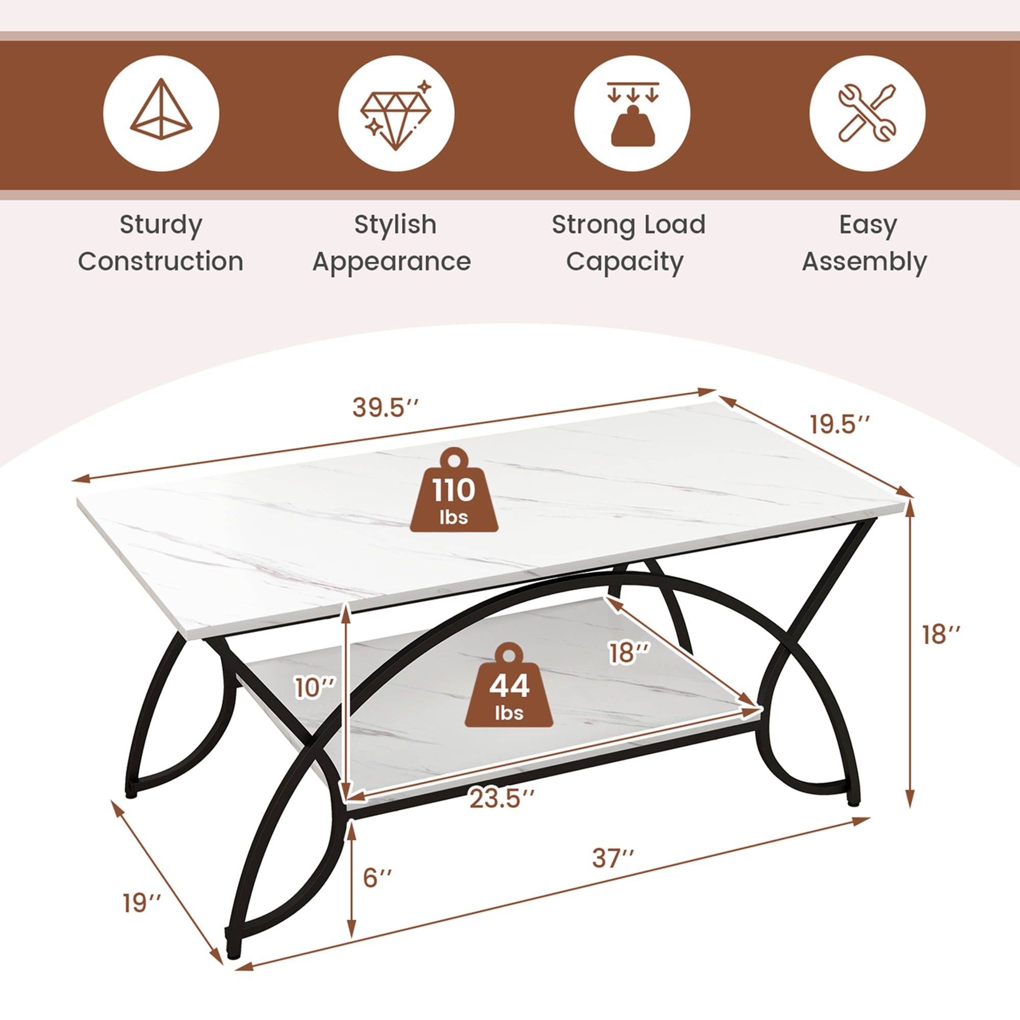 Costway Industrial Engineered Wood Coffe Table with Storage Shelf, White