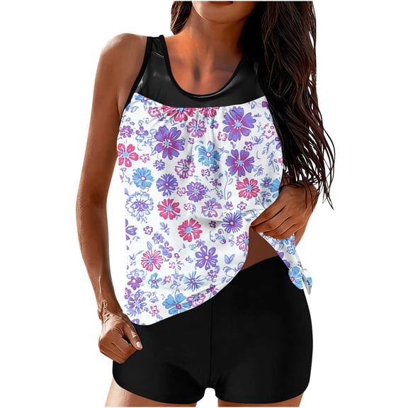Summer Swimsuits 2 Piece,Tankini Swimsuits for Women Tummy Control Bathing Suits Two Piece Swim Tops with Boy Shorts Pleated Swimwear,S