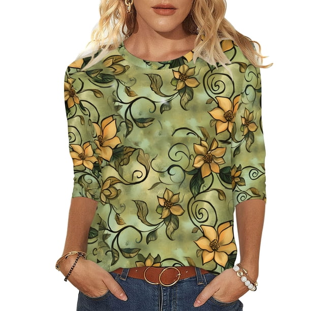 Tops de Manga Larga de Mujer 3/4 Manga Flores Impresas Cuello Redondo Blusa Casual Estiramiento Suave