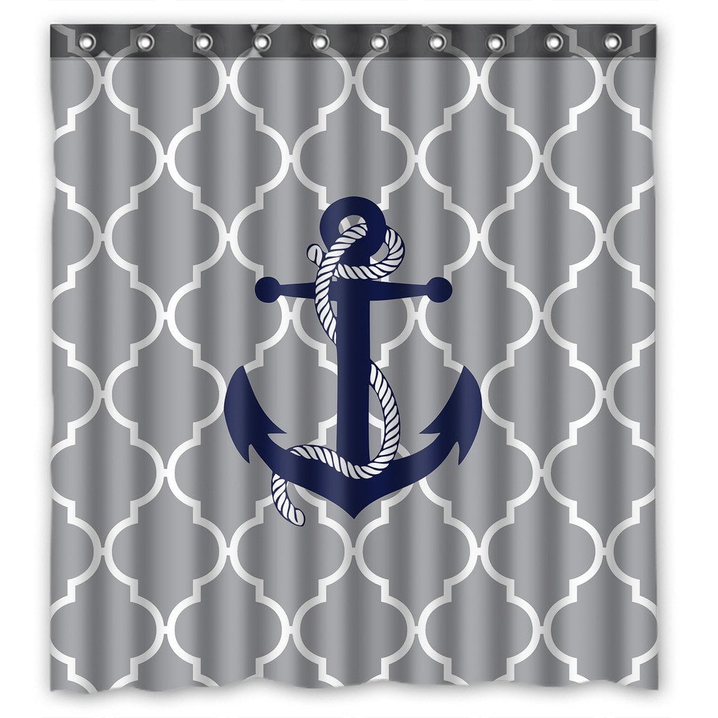 GCKG Grey Quatrefoil With Blue Anchor Waterproof Polyester Shower