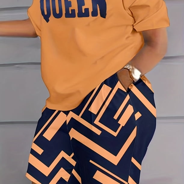 Conjunto informal de 2 piezas de patchwork, camiseta de manga corta con cuello redondo y pantalones cortos de entrenamiento con bolsillos, ropa de mujer