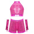 thumbnail image 5 of inlzdz Kids Girls Jazz Latin Dance Outfits Sequin Halter Crop Tops with Shorts Tassel Gloves Dancewear Hot Pink 8, 5 of 7