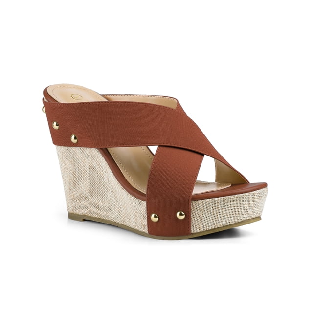 BLISSFUL STEP Women's Shoes Wedge Open Toe Crisscross Straps Linen Platform Sandals Brown 8.5