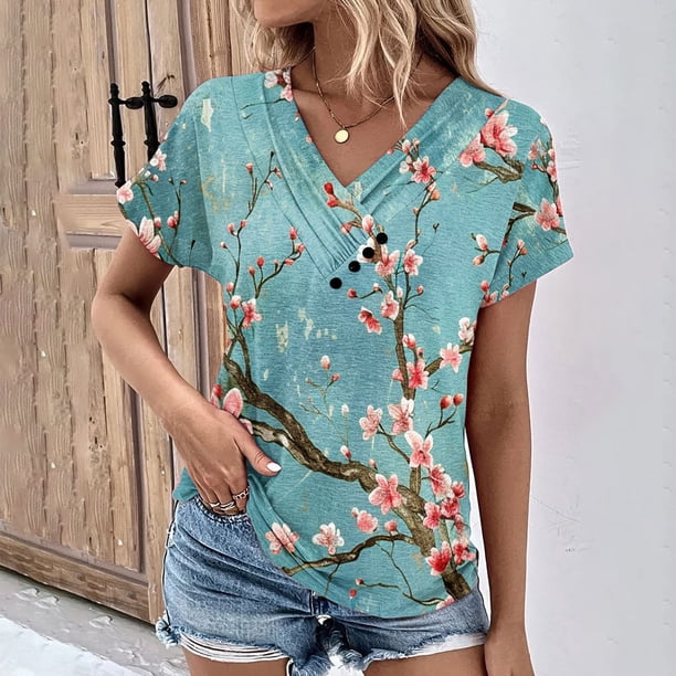 Fiudx Ofertas Del Día Top Informal de Primavera y Verano de Manga Corta con Cuello En V para Mujer