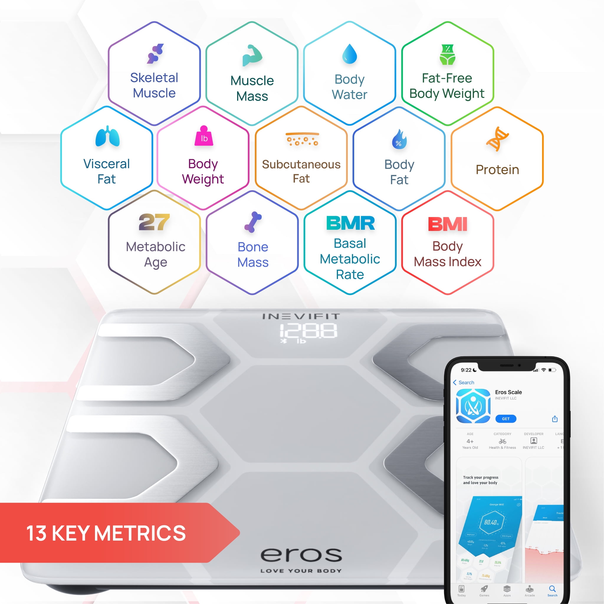 Eros Bluetooth Smart Body Fat Scale with Free Tracking Eros Scale APP - White