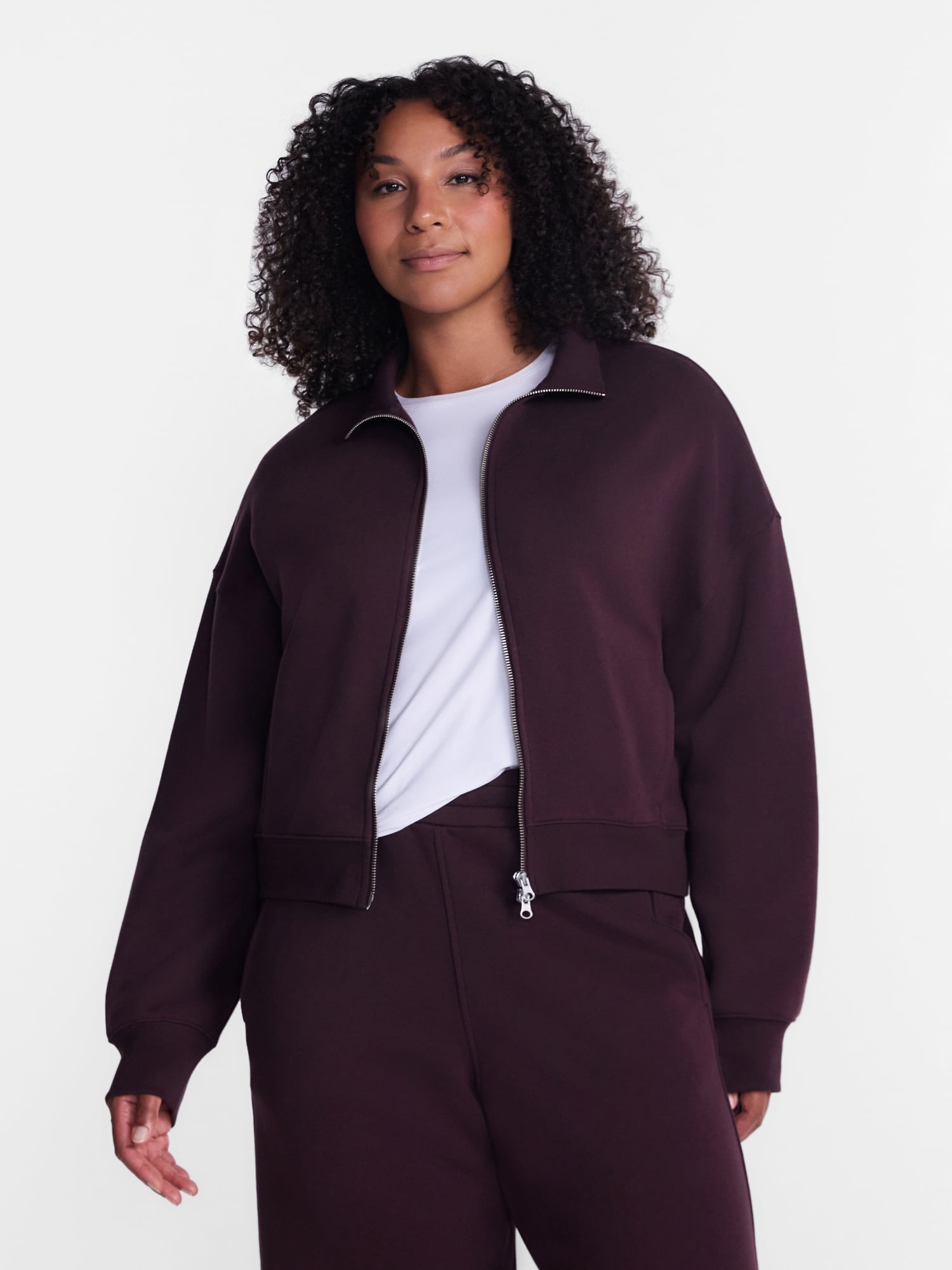 Athletic Works Women's Cropped Fleece Bomber Jacket with Long Sleeves, Sizes XS-XXL