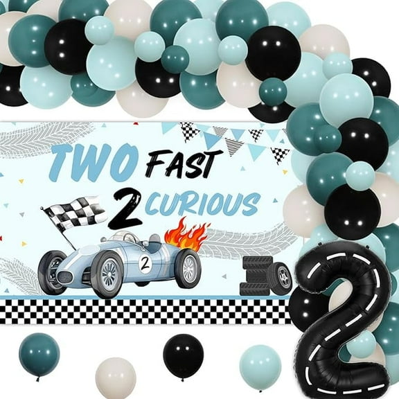 Two Fast Two Curious Birthday Decorations Boy, Race Car 2nd Birthday Decorations, Blue Black Balloons Arch with Backdrop Number 2 Foil Balloons Let's Go Racing 2nd Birthday Party