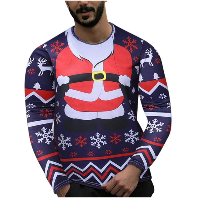 Pompotops Hauts Amusants pour Hommes Imprimé de Noël Col Rond Manches Longues T-Shirt Blouse en Solde