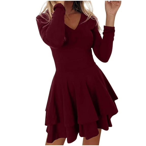 Herrnalise Women's Long Sleeve V-Neck Solid Color Cake Dress S-2XL