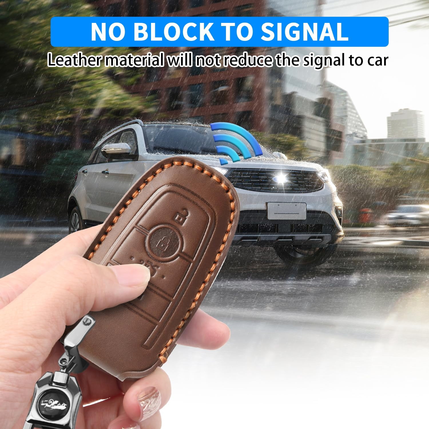 Key Fob Cover Compatible with Fit for Ford Bronco Explorer F-150 Mustang Ranger Escape Edge Expedition Fusion Lincoln Rugged Leather 4-Button Remote Key Case Keychain Case Holder Protector