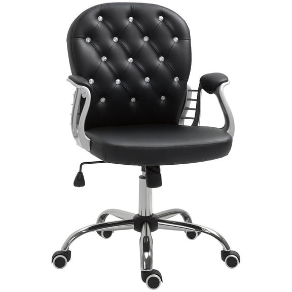 Office Desk Chair, Black Faux Leather Button Tufted Computer Chair with Padded Armrests, Adjustable Height Swivel Seat and Tilt Function, 23.5"W x 23.75"D for Home Office and Study