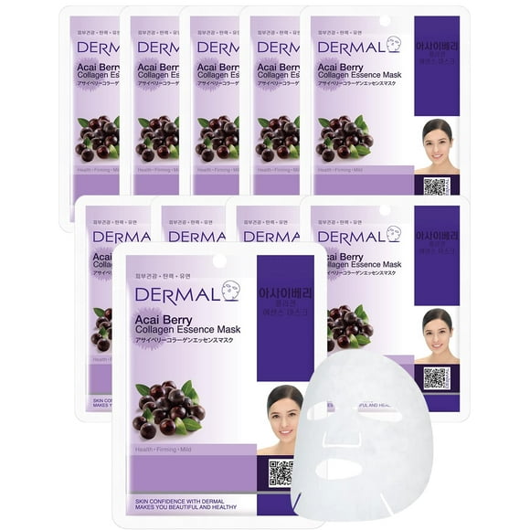 Dermal Masque Facial à l'Essence de Collagène d'Açaï 23G Lot de 10 - Hydratant & Raffermissant Garde la Peau Saine et Propre Solution de Traitement Quotidien