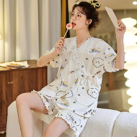 

PIKADINGNIS New Summer Women Pajama Sets Short Sleeve Lace Print Fashion Loose Casual Cotton V Neck Kimono Style Soft Women Sleepwear Set