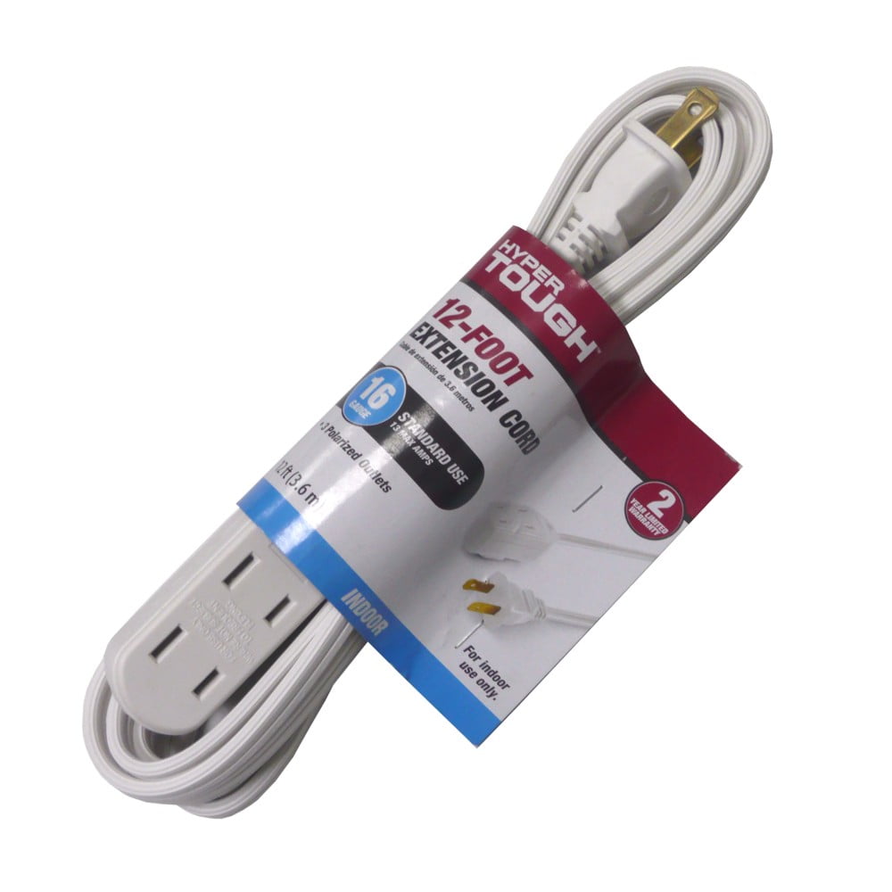 Hyper Tough 12FT 16AWG 2 Prong White Indoor Household Extension Cord