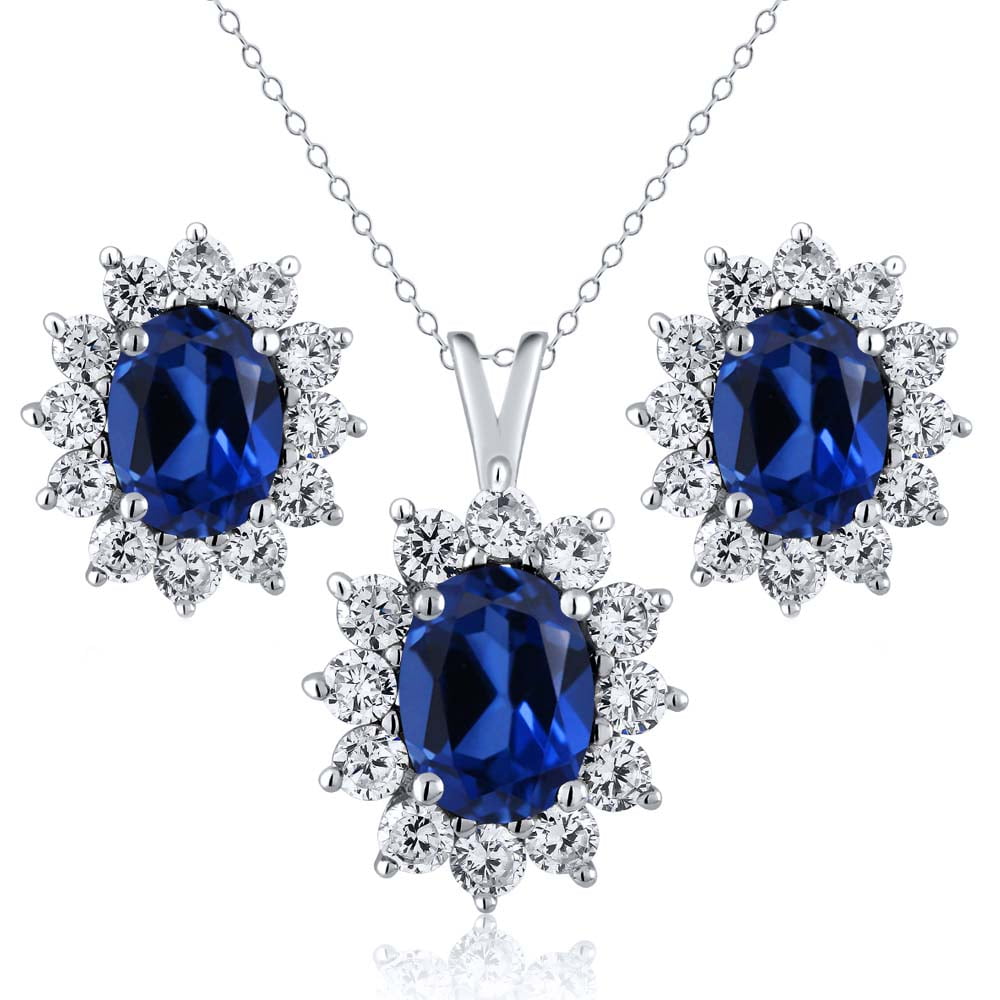 Gem Stone King 925 Sterling Silver Blue Created Sapphire and White Zirconia Pendant Necklace for Women (5.24 Cttw, Gemstone September Birthstone, Oval 8X6MM, with 18 inch Chain)