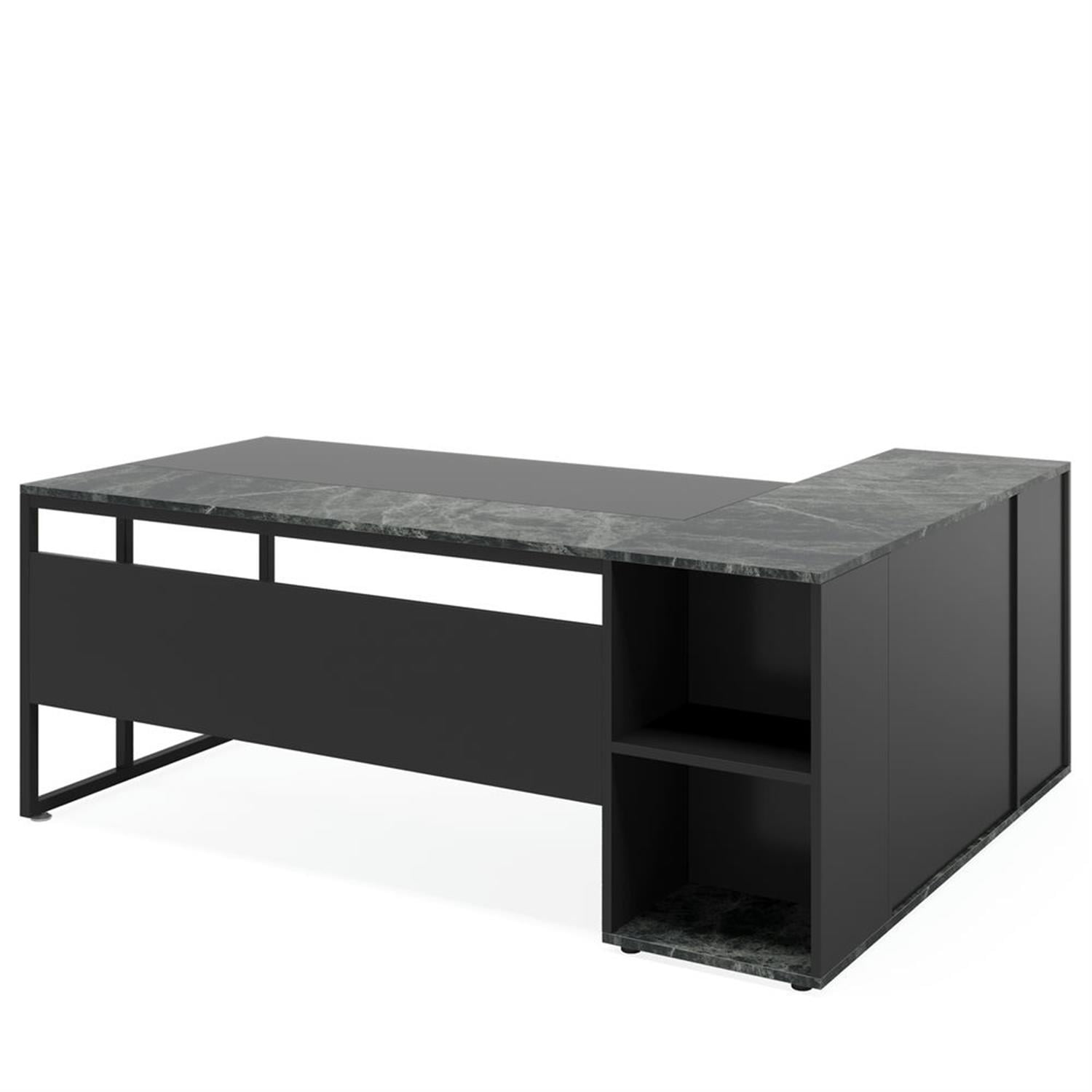 Demi Bonn Modern L Shaped Gaming Desk, 71" Executive Desk with Shelves and Lateral File Cabinet for Home Office, Black