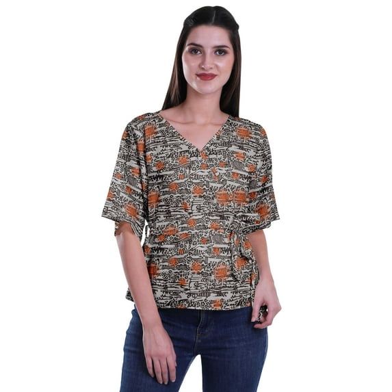 Moomaya Printed Wrap Over with Belt Style Top For Women Printed V-Neck Casual/Formal Top