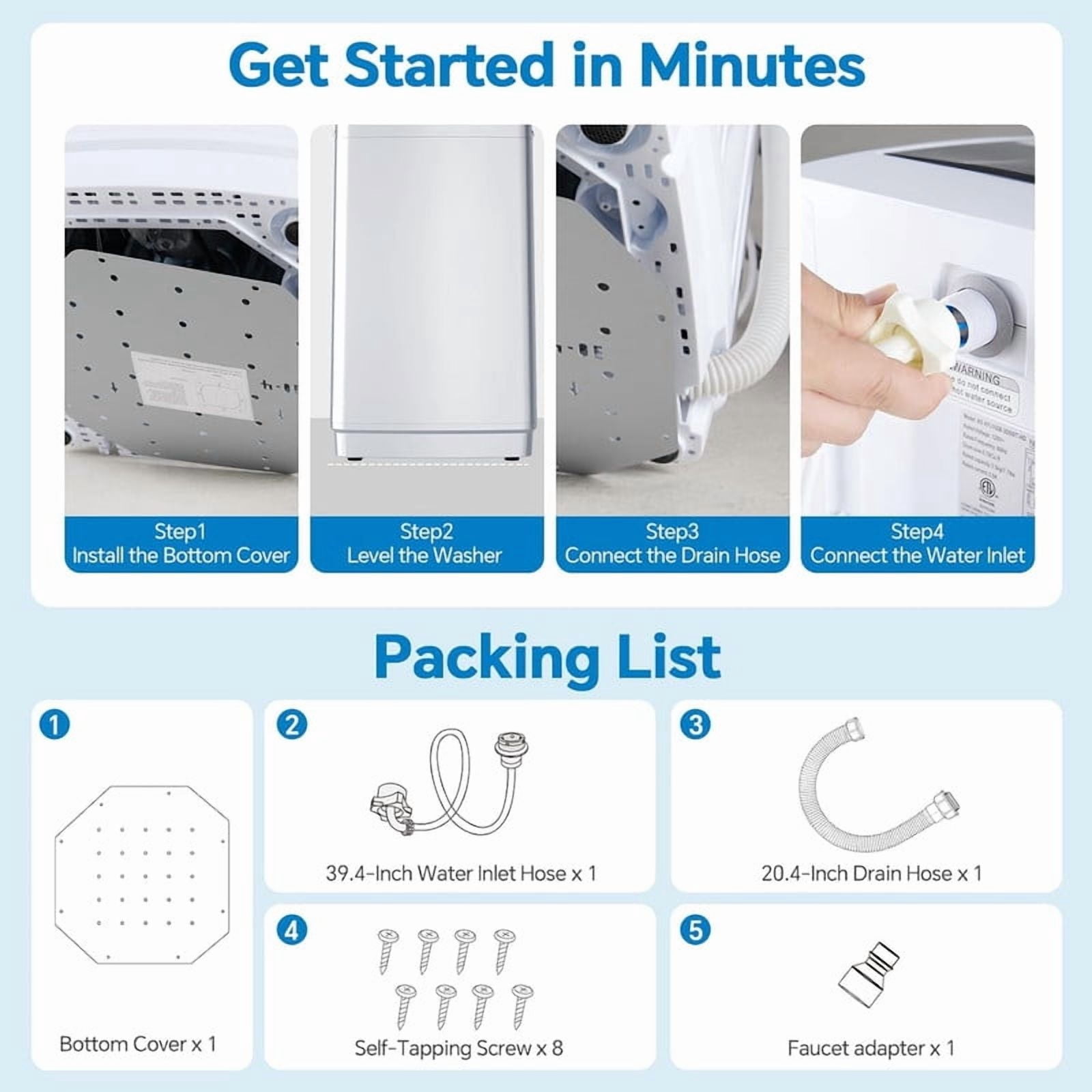Simenmax Portable Washing Machine, 7.7 lbs Compact Laundry Washer with Stainless Steel Drum, 10 Wash Cycles & LED Display for Home, Apartment, Dorm, RV,White